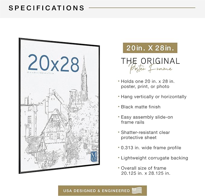 MCS Original Poster Frame 20x28 Black Lightweight Vertical & Horizontal Wall Hanging Large Picture Frame for Posters, Art Prints & Gallery Wall (1-Pack)