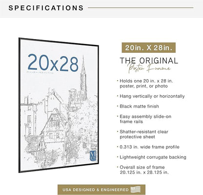 MCS Original Poster Frame 20x28 Black Lightweight Vertical & Horizontal Wall Hanging Large Picture Frame for Posters, Art Prints & Gallery Wall (1-Pack)