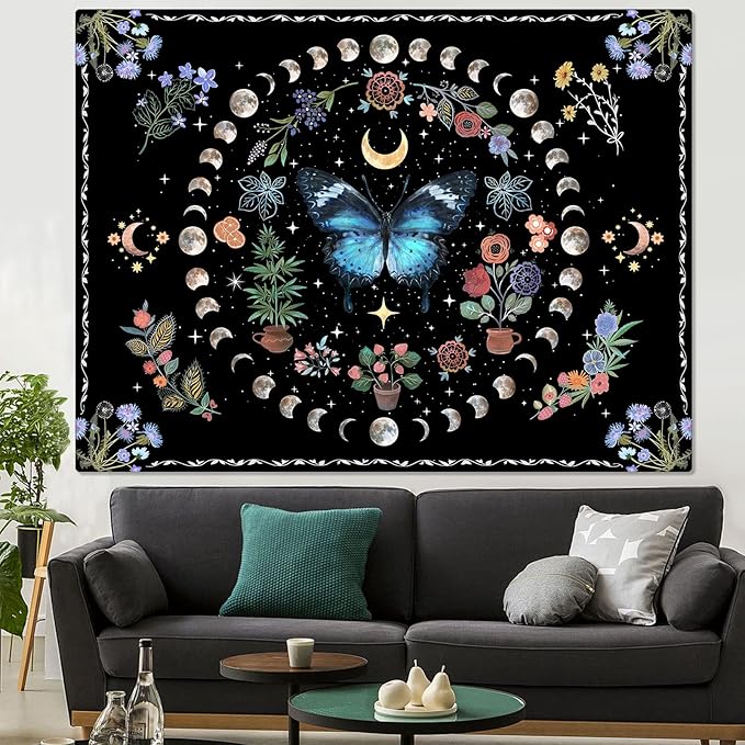 Fowocu Blue Butterfly Moon Flower Tapestry Boho Floral Plant Tapestries for Bedroom Aesthetic Nature Tapastry's Wall Hanging Mandala Botanical Wall Tapestry for Living Room Dorm (Blue, 48'' × 36'')