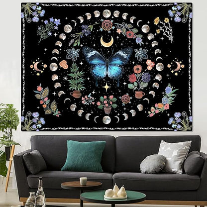 Fowocu Blue Butterfly Moon Flower Tapestry Boho Floral Plant Tapestries for Bedroom Aesthetic Nature Tapastry's Wall Hanging Mandala Botanical Wall Tapestry for Living Room Dorm (Blue, 48'' × 36'')