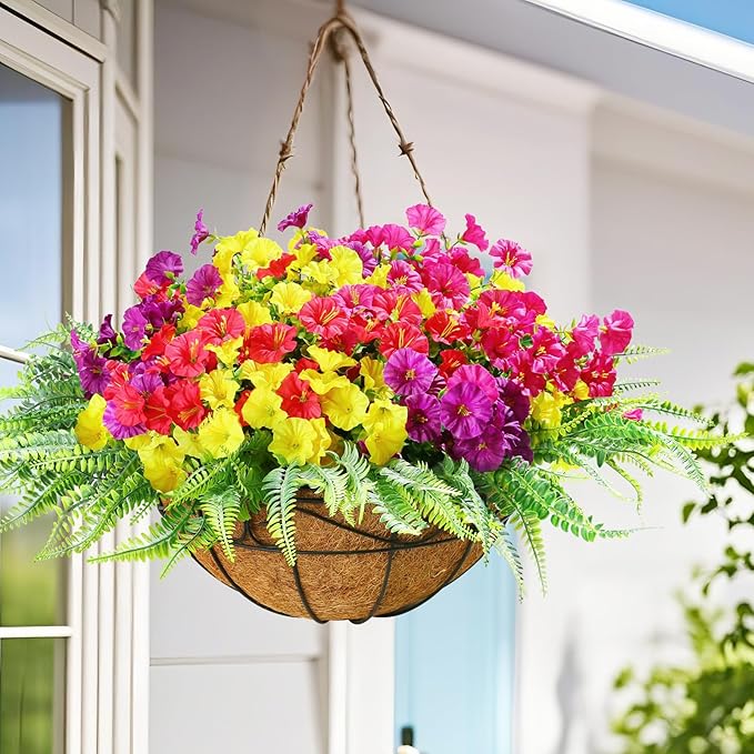 16 Bundles Outdoor Artificial Fake Flowers UV Resistant No Fade Plastic Faux Morning Glory Silk Flowers Plants for Home Garden Porch Patio Window Box Farmhouse Hanging Décor