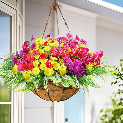 16 Bundles Outdoor Artificial Fake Flowers UV Resistant No Fade Plastic Faux Morning Glory Silk Flowers Plants for Home Garden Porch Patio Window Box Farmhouse Hanging Décor