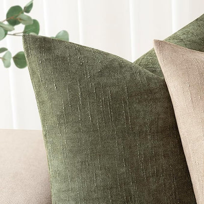 Foindtower Pack of 2 Soft Textured Chenille Throw Decorative Pillow Covers Square Accent Solid Cushion Cover Cozy Neutral Farmhouse Pillow Case for Couch Sofa Bedroom Living Room 26x26 Inch,Dark Green
