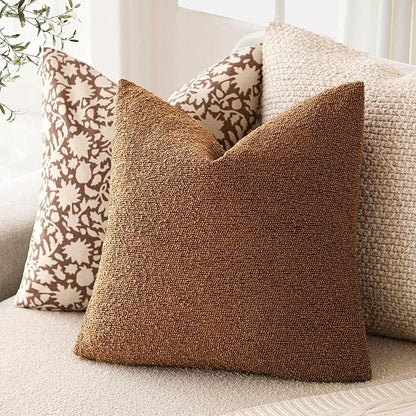 Foindtower Set of 2, Decorative Textured Boucle Throw Pillow Covers Accent Solid Pillow Cases Neutral Soft Cozy Couch Cushion Case for Chair Sofa Bedroom Living Room Home Decor 26x26 Inch Hazel Brown