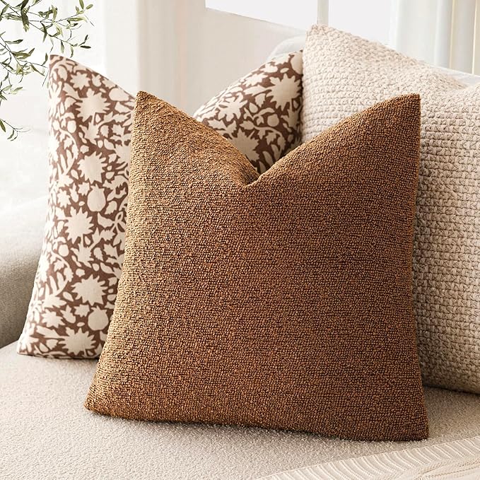 Foindtower Decorative Textured Boucle Throw Pillow Covers Accent Solid Pillow Cases Neutral Soft Cozy Couch Cushion Case for Chair Sofa Bedroom Living Room Home Decor 16x16 Inch,1PC,Hazel Brown