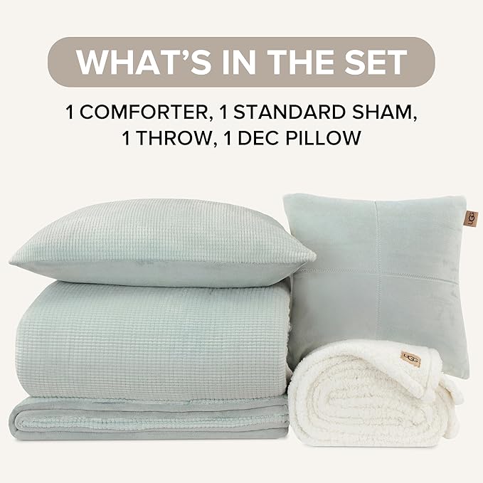 UGG Remina Twin Comforter Set 4 Piece Bed in a Bag with Throw Blanket, Decorative Pillow Sham and Reversible Comforter Hypoallergenic Luxury Bedding, Machine Washable, Twin XL, Blue-Green Clear Creek
