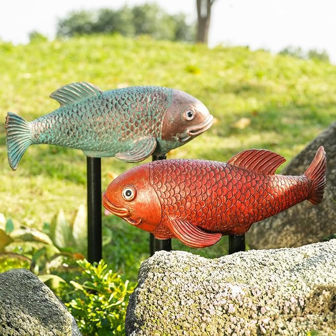 Koi Fish Decor, Set of 2 Antique Koi Garden Statues Art, Pond Accessories, Yard Pond Decor, Large Outdoor Garden Statues Ornaments, Real Fish Sculpture Art (10.8")