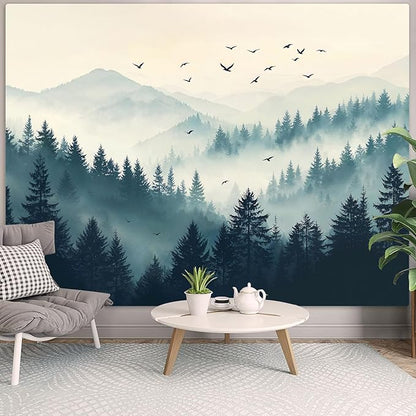 Haibimen Forest Mountain Tapestry Wall Hanging Green Pine Tree Bird Nature Forest Tapestrise for Bedroom Morning Mist Aesthetics Wall Decor for Living Room Dorm (forest-2, 80''×60'')