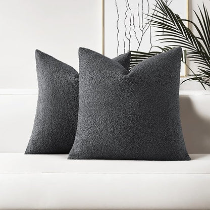HAUSSY Set of 2 24x24 Decorative Throw Pillow Covers, Soft Cozy European Pillow Shams Textured Boucle, Home Decor for Couch Bed Living Room, Dark Grey