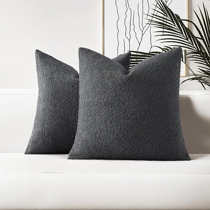 HAUSSY Set of 2 22x22 Decorative Throw Pillow Covers, Soft Cozy Textured Boucle Couch Cases, Home Decor for Couch Bed Living Room, Dark Grey