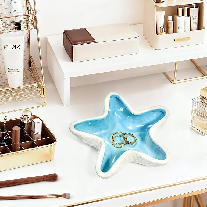 Starfish Ceramic Jewelry Trinket Tray, Blue White Decorative Ring Holder Dish for Rings, Earrings, Necklaces, Bracelets, Watches, Keys