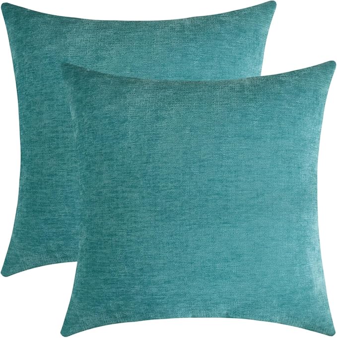 Aqua Green Chenille Decorative Couch Throw Pillow Covers, Soft Cushion Cases for Home Livingroom Sofa Décor, Pack of 2, 20 x 20 Inches