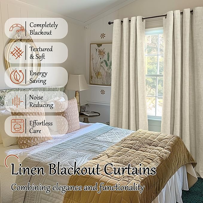 Lajode Blackout Curtains for Bedroom - Linen Black Out Curtains 84 Inch Long Thermal Insulated Burlap Grommet Window Drapes for Farmhouse Living Room Darkening, 2 Panels, Each 52" Wide, Natural Cream