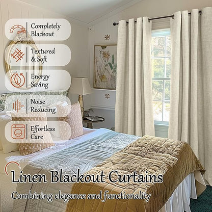 Lajode Blackout Curtains for Bedroom - Linen Black Out Curtains 84 Inch Long Thermal Insulated Burlap Grommet Window Drapes for Farmhouse Living Room Darkening, 2 Panels, Each 52" Wide, Natural Cream