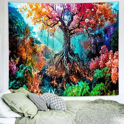 Delur Forest Tapestry Tree of Life Fantasy Tropical Rainforest Tapestry Wall Hanging Colorful Nature Mystical Landscape Psychedelic Spiritual Headboard for Bedroom Living Room Home Decor (70.8" x 92.5")