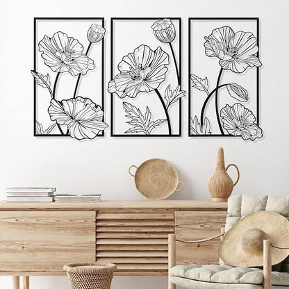 Therwen 3 Pcs Black Metal Wall Art Minimalist Wall Decor for Bedroom Flowers Decor Hanging Flower Bathroom Art Flower Line Sculpture Kitchen Decoration 16.5 x 9.8 Inch