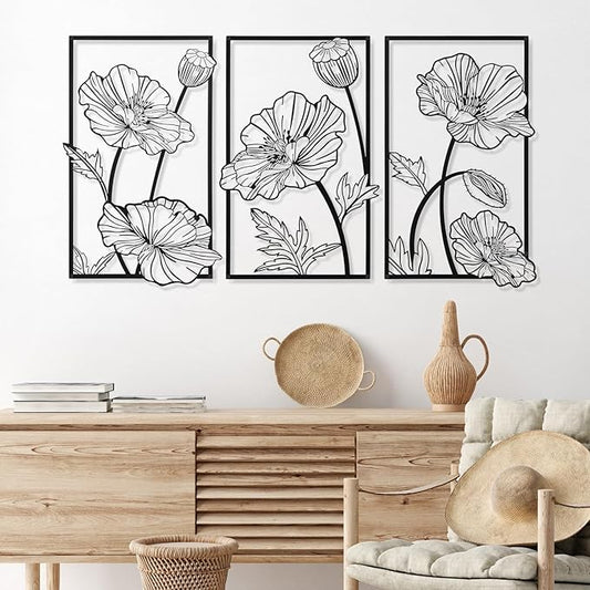 Therwen 3 Pcs Black Metal Wall Art Minimalist Wall Decor for Bedroom Flowers Decor Hanging Flower Bathroom Art Flower Line Sculpture Kitchen Decoration 16.5 x 9.8 Inch