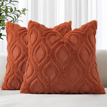 decorUhome Spring Throw Pillow Covers 20x20 Inch Set of 2, Soft Plush Faux Wool Rust Solid Couch Pillow Covers, Accent Farmhouse Neutral Square Pillow Cases for Sofa Bed Living Room