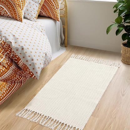 Lahome Boho Bathroom Rugs, Small 2x3 Door Mat Indoor Lightweight Entryway Rug Washable Cotton Area Rug with Tassels, Farmhouse Non Shedding Beige Throw Rug Low Pile Carpet for Kitchen Laundry