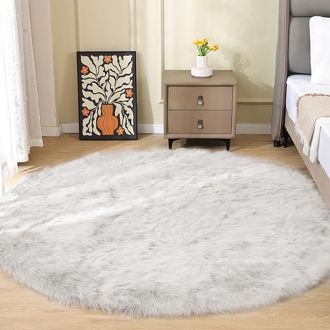 White Shag Round Rugs 6ft Washable Faux Sheepskin Fluffy Fur Area Rugs for Living Room Large Circle Boho Nursery Rug Teen Room Décor
