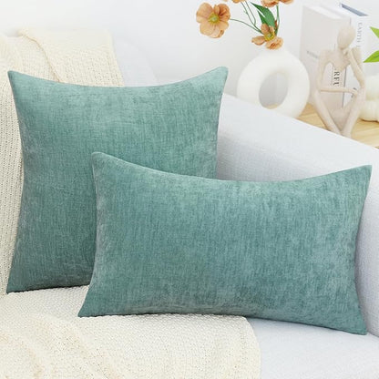 decorUhome Chenille Aqua Haze Spring Throw Pillow Covers 24x24 Inch Set of 2, Decorative Soft Couch Pillow Covers Solid Dyed Accent Farmhouse Neutral Square Pillow Cases for Sofa