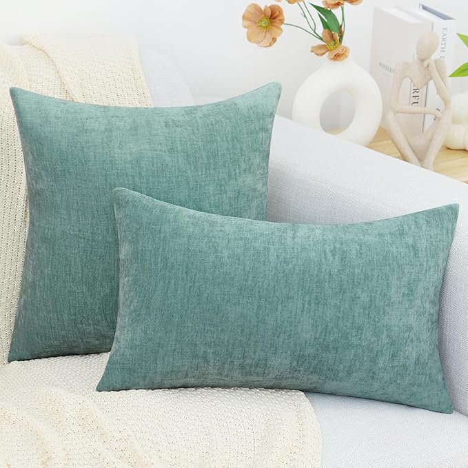 decorUhome Chenille Aqua Haze Spring Throw Pillow Covers 26x26 Inch Set of 2, Decorative Soft Couch Pillow Covers Solid Dyed Accent Farmhouse Neutral Square Pillow Cases for Sofa