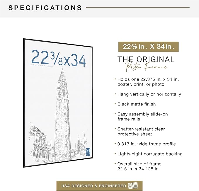 MCS Original Poster Frame 22.375x34 Black Lightweight Vertical & Horizontal Wall Hanging Large Picture Frame for Posters, Art Prints & Gallery Wall (1-Pack)