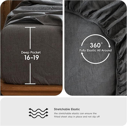 MooMee Bedding Sheet Set 100% Washed Cotton Linen Like Textured Breathable Durable Soft Comfy (Heathered Dark Grey, Full)