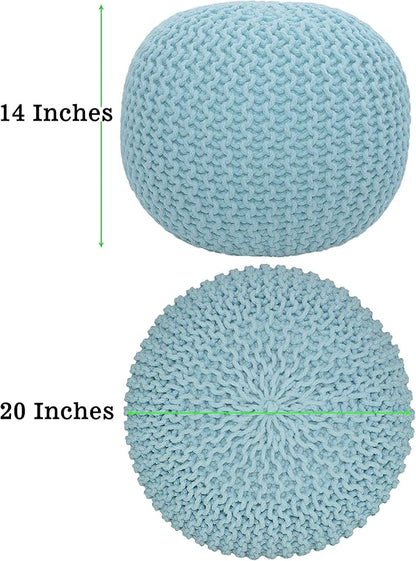 COTTON CRAFT Round Pouf - Hand Knitted Cotton Braid Cord Cable Dori Ottoman - Foot Stool - Floor Pouf Footrest Accent Seat Furniture Bean Bag - Living Room Kids Nursery Dorm Décor - 20x14 - Light Blue