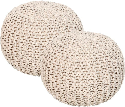 REDEARTH · Round Pouf Ottoman - Hand Knitted Cable Boho Poof Home Décor Pouffe Circular Footrest for Living Room - Nursery - Bedroom - Lounge 100% Cotton (19.5"x19.5"x14") - Ivory, Set of 2