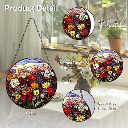 Flowerbed Stained Glass Window Hanging, 7.8" Round Sun Catcher Hand Painted Wall Art Decor with Chain, Unique Housewarming Gifts for Couples, Home