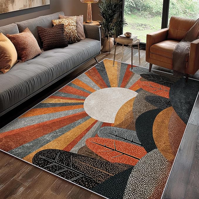 Bohemian Rug, 5x7 Area Rugs Abstract Forest Sun Tree Pattern for Living Room, Bedroom, Bohemian Home Decor Accessories Indoor Carpet, Non Slip & Machine Washable