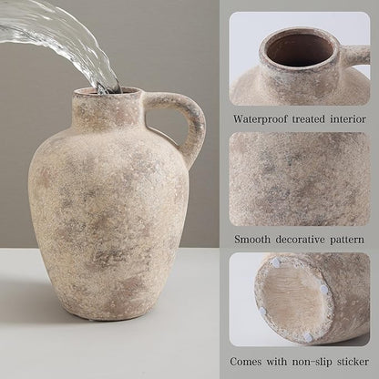 Ceramic Decorative Flower Vase with Handle,8.85 Inch Terracotta Rustic Farmhouse Vase for Home Decor,Living Room, Shelf Decor,Wedding,Housewarming Gift