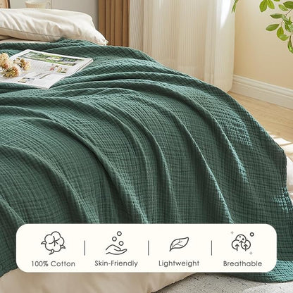 EMME Cotton Muslin King Blanket Big Oversized Bed Layering Bedspread Coverlet Breathable Gauze Soft Lightweight Blankets (Forest Green, 120"x94")