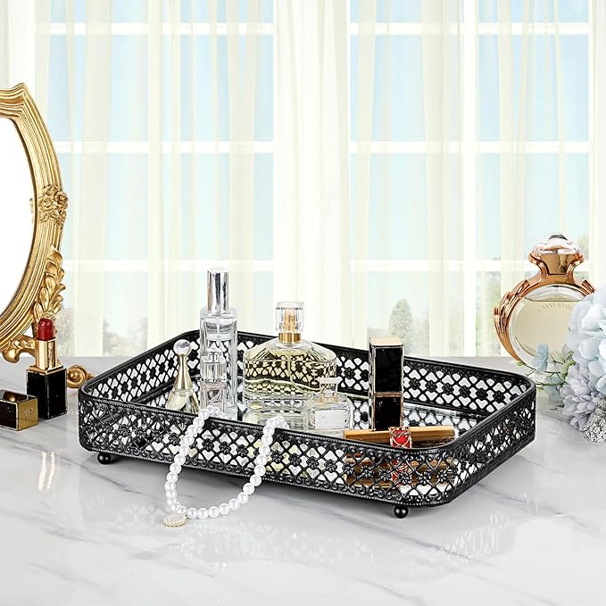 ELLDOO Black Perfume & Makeup Vanity Tray - Hollow-Carved Jewelry Storage, Glass & Metal Trinket Organizer for Dresser & Bathroom Countertop, Medium Size