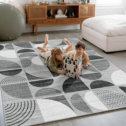 MUJOO Washable Rug Black,4x6.5 Area Rugs for Bedroom Entryway Living Room Bedside,Small Boho Throw Floor Carpet Non Slip Soft Indoor Modern Abstract Black and Grey