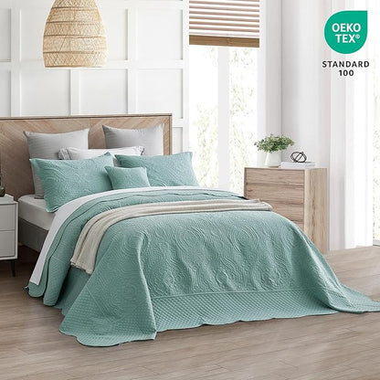 HZ & HY Oversized King Bedspread 128x120 Extra Wide, Ultrasonic Coverlet Bedding Set, Lightweight Thin Comforter, Reversible, 5 Piece, 100% Microfiber, Seaglass
