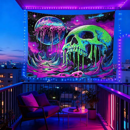 seewan Black Light Melting Skull Tapestry, Glow-in-the-Dark UV Neon Dripping Planet & Skull Tapestry, Psychedelic Space Horror Art Tapestry, Bedroom Dorm Living Room Background Decor