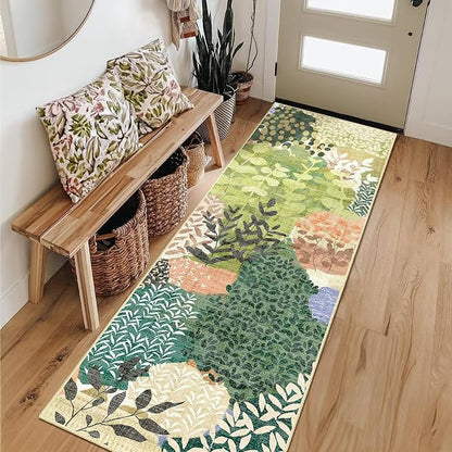 DEXDE Runner Rug 2x6 Washable Hallway Boho Soft Green Area Rugs Abstract Long Non Slip Botanical Leaves Floral Print Carpet for Entryway, Kitchen, Laundry, Bathroom, Bedroom