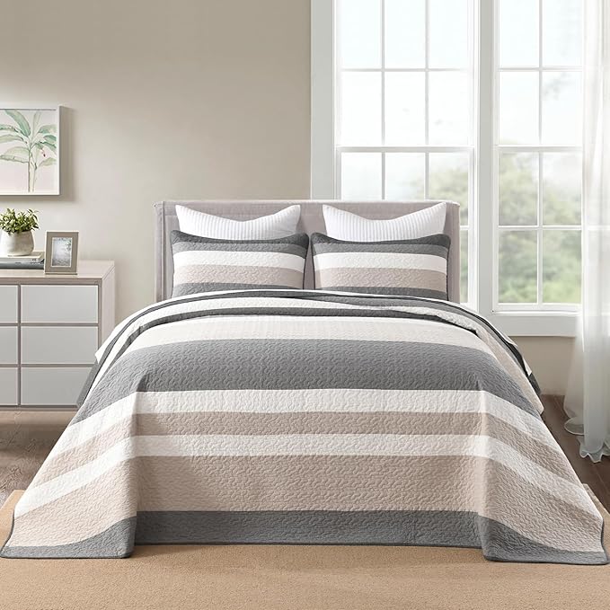 Finlonte 100% Cotton Oversized King Quilt 128"x120", Extra Large Cal King Bedspread, Modern Striped Bed Spreads Coverlet, Lightweight Reversible Yarn Dyed Quilted Bedding, 3 Piece, Gray/White