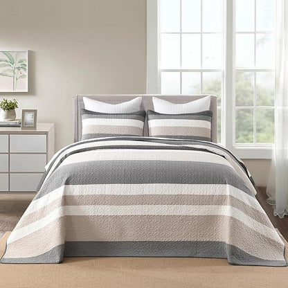 Finlonte 100% Cotton Oversized King Bedspread 120"x120", Extra Large Quilt, Modern Striped Bed Spreads Coverlet, Lightweight Reversible Yarn Dyed Quilted Bedding, 3 Piece, Gray/White