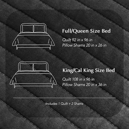 EVERGRACEHOME Cotton Sateen Quilt Set Queen Size, Pre-Washed Cotton Channel Stitch Coverlet Bedspread, 3 Pieces Lightweight Soft Bedding Sets for All Season, with 2 Pillow Shams, Washed Black