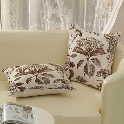Brown Pillow Covers 18x18 Set of 2 Vintage Boho Floral Hydrangea Herbs Botanical Throw Pillow Cover Outdoor Flower Decorative Pillowcase Linen Farmhouse Cushion Case Decor for Couch Sofa