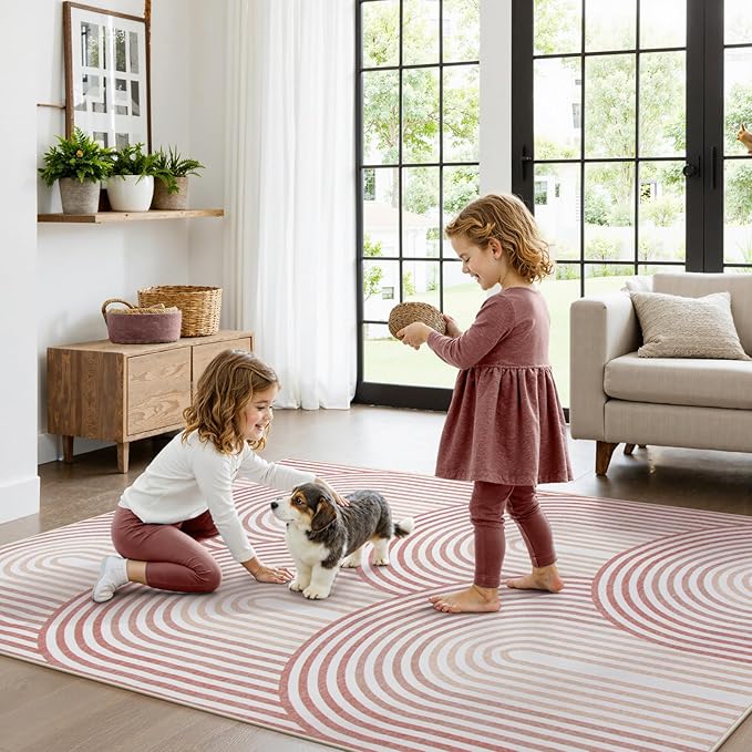 Moynesa Abstract Rainbow 6x9 Area Rugs for Living Room, Washable Soft Pink Rug for Bedroom Girl Nursery Classroom Ultra-Thin, Mid Century Modern Boho Large Floor Carpet for Playroom Home Office