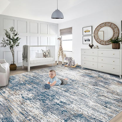 9x12 Area Rug for Living Room, Washable Modern Abstract Large Area Rug Neutral Soft Non Slip Kids Rug Stain Resistant Indoor Carpet for Bedroom Nursery Dining Room Playroom Office(BlueWhite, 9'x12')