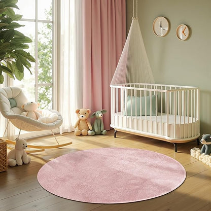 jinchan Solid Plush Round Rug 5ft Performance Shaggy Circle Rug 5' Round Washable Indoor Soft Modern Faux Wool Non Slip Carpet for Living Room Kids Room Bedroom Dining Room Pink