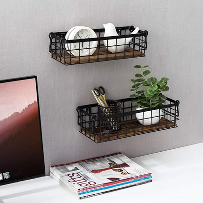 MyGift Set of 2 Black Wire Baskets for Organizing – Storage Baskets/Pantry Baskets for Shelves & Wall