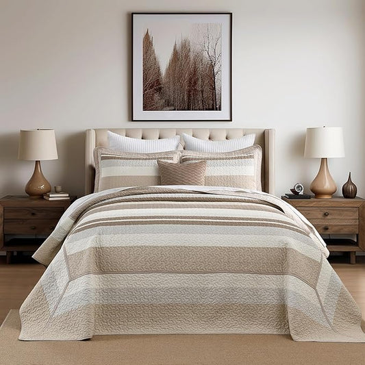 EWlinens 100% Cotton 120"x128" Oversized California King Bedspread, Farmhouse Striped Patchwork Oversized Cal King Quilted Bedspreads Coverlet Set, Extra Large Quilt Bed Spread, 3pcs, Brown/Gray/White