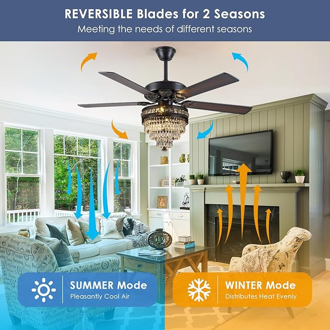Asyko Crystal Ceiling Fan Fandelier with Lights - Modern Outdoor Fans with Remote Control，Noiseless AC Motor, Retro/Farmhouse Lighting, Dining Room， Living Room (52"