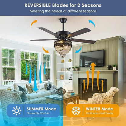 Asyko Crystal Ceiling Fan Fandelier with Lights - Modern Outdoor Fans with Remote Control，Noiseless AC Motor, Retro/Farmhouse Lighting, Dining Room， Living Room (52"